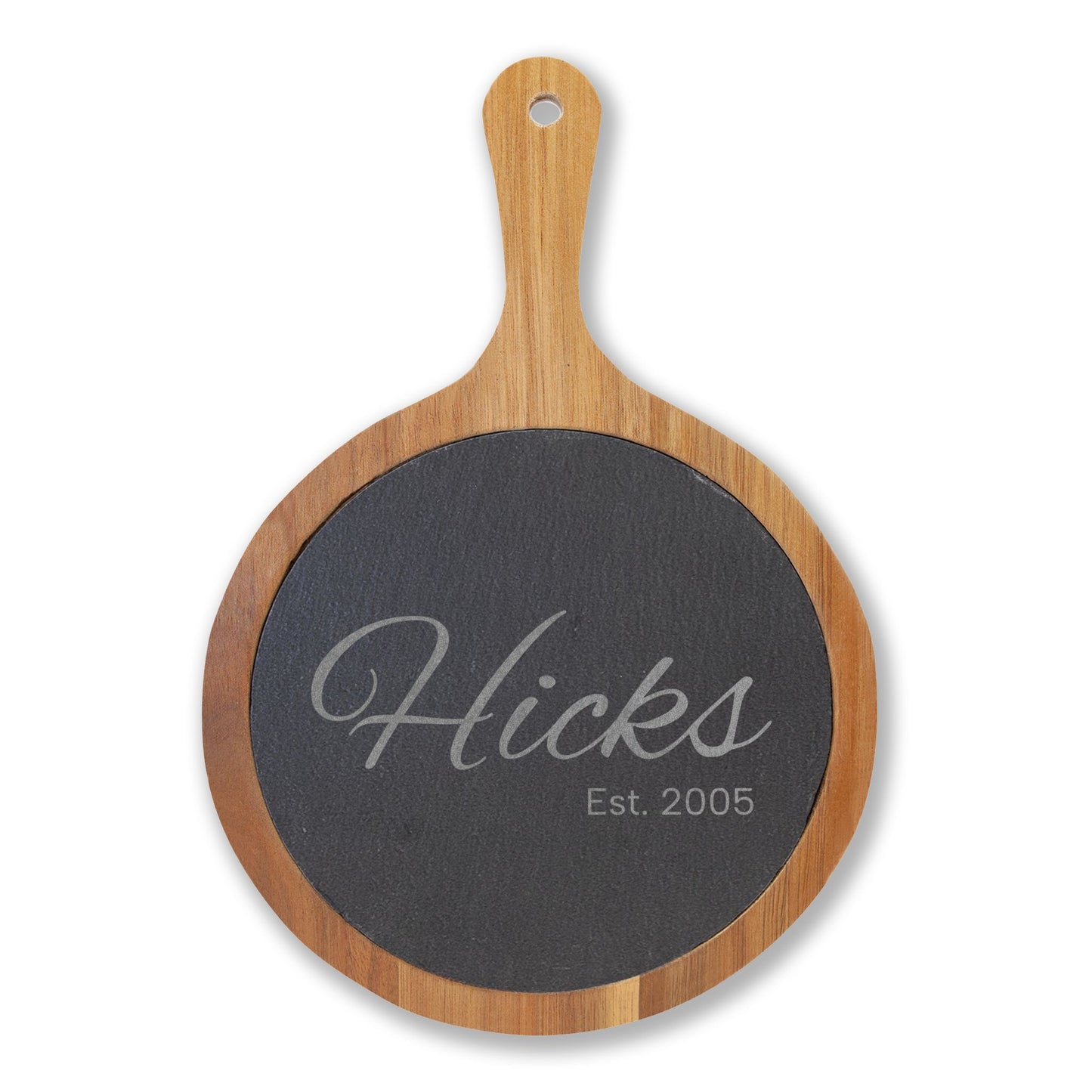 Engraved Acacia Charcuterie Board with Slate Inset — Personalized Name & Est. Date