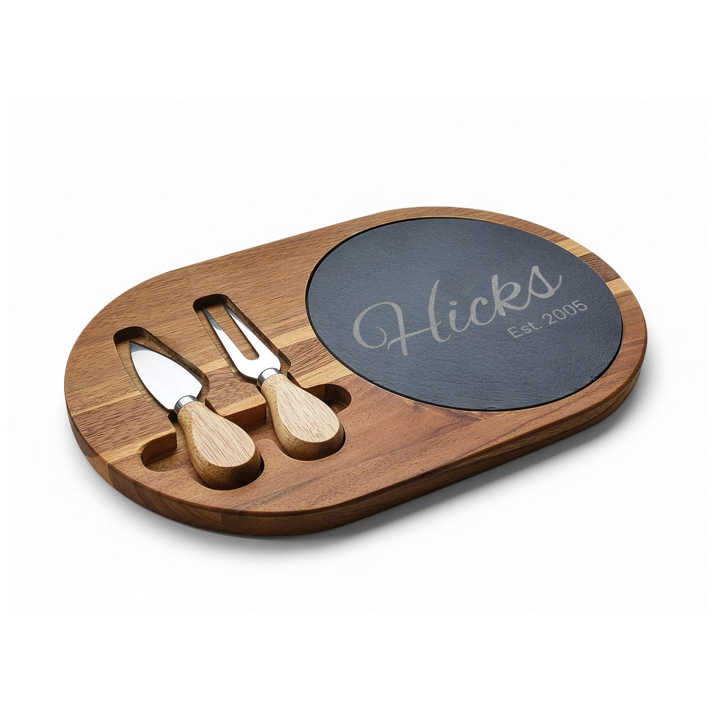 Engraved Acacia Charcuterie Board with Slate Inset — Personalized Name & Est. Date