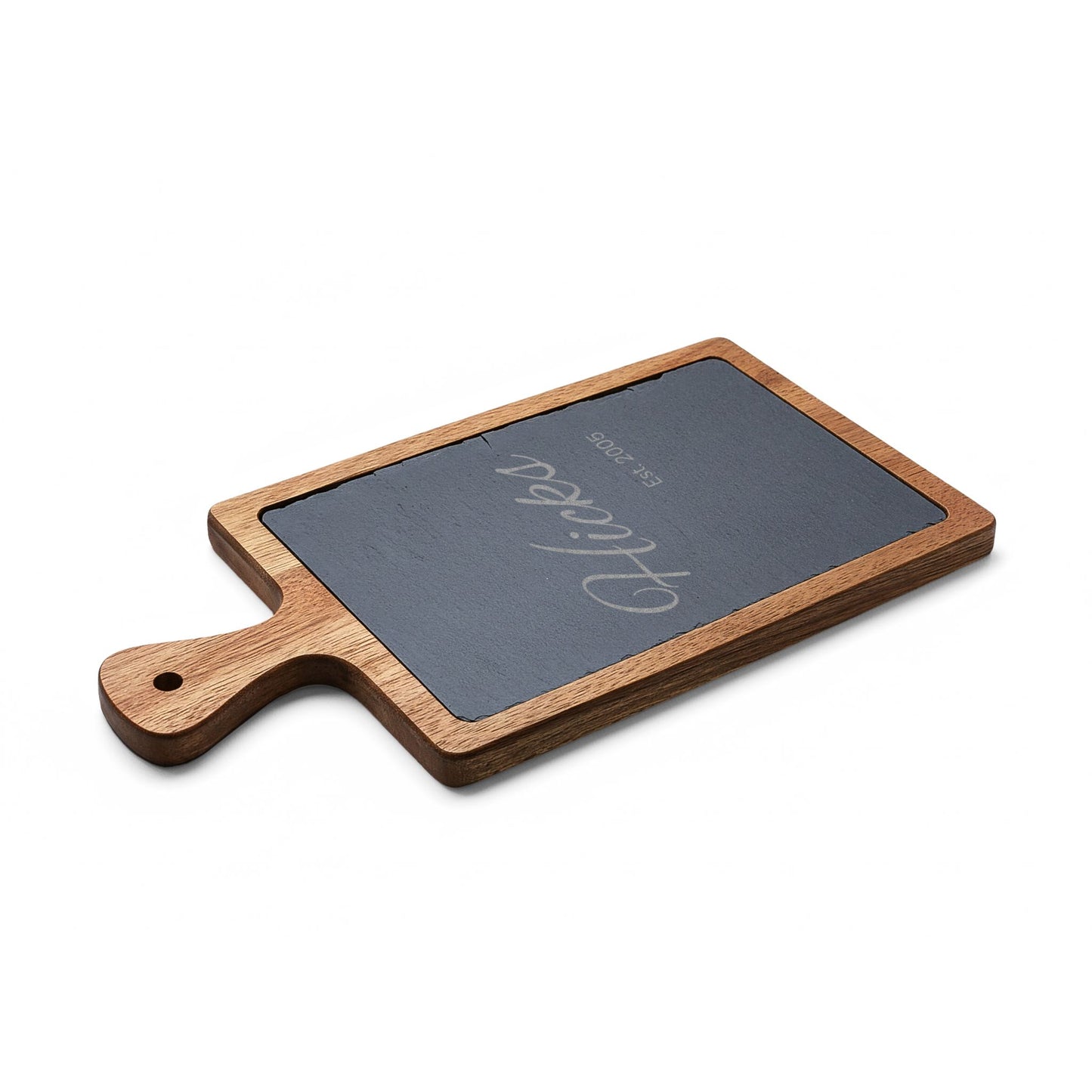 Engraved Acacia Charcuterie Board with Slate Inset — Personalized Name & Est. Date
