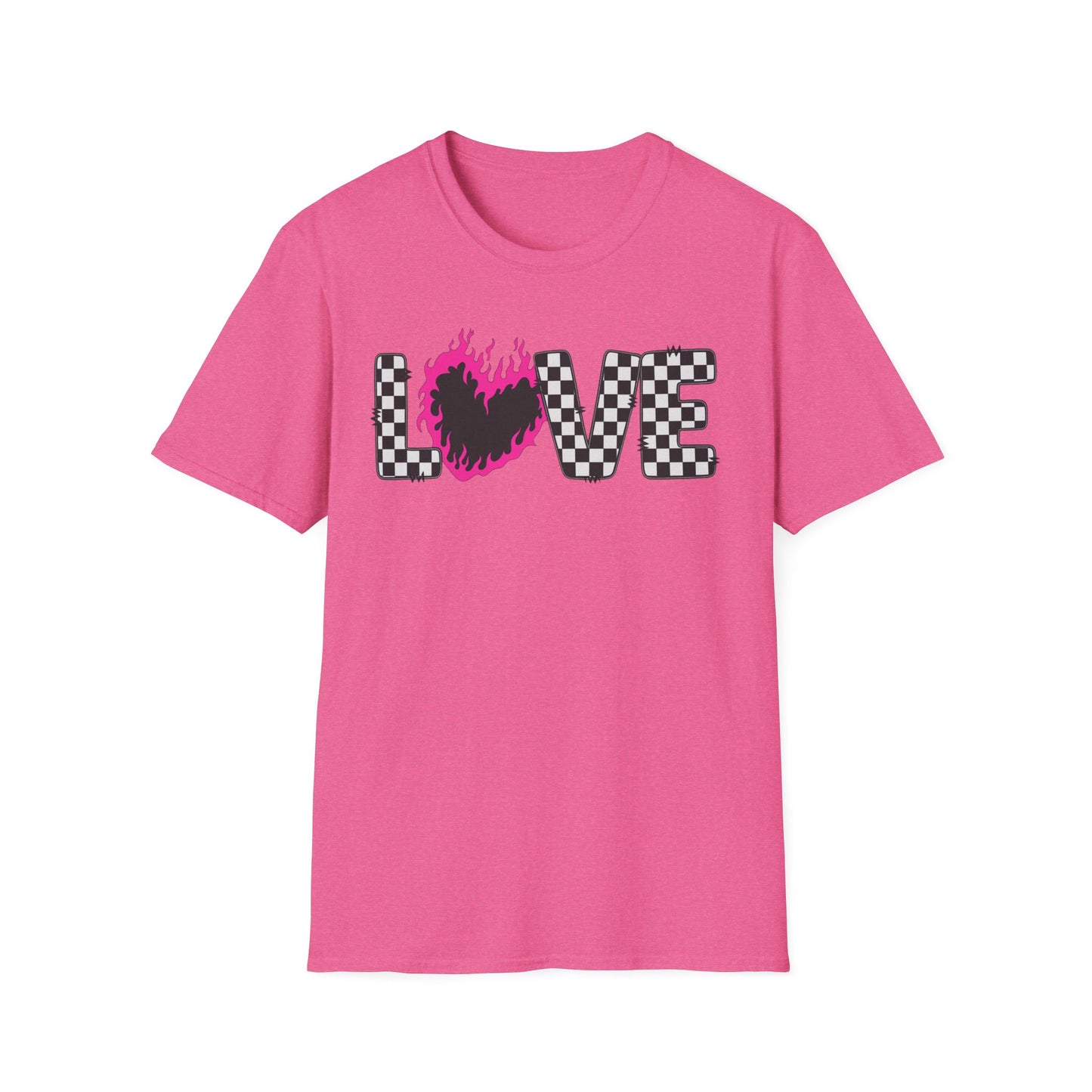 Love Checkerboard T-Shirt — Pink Flame Heart Graphic Tee