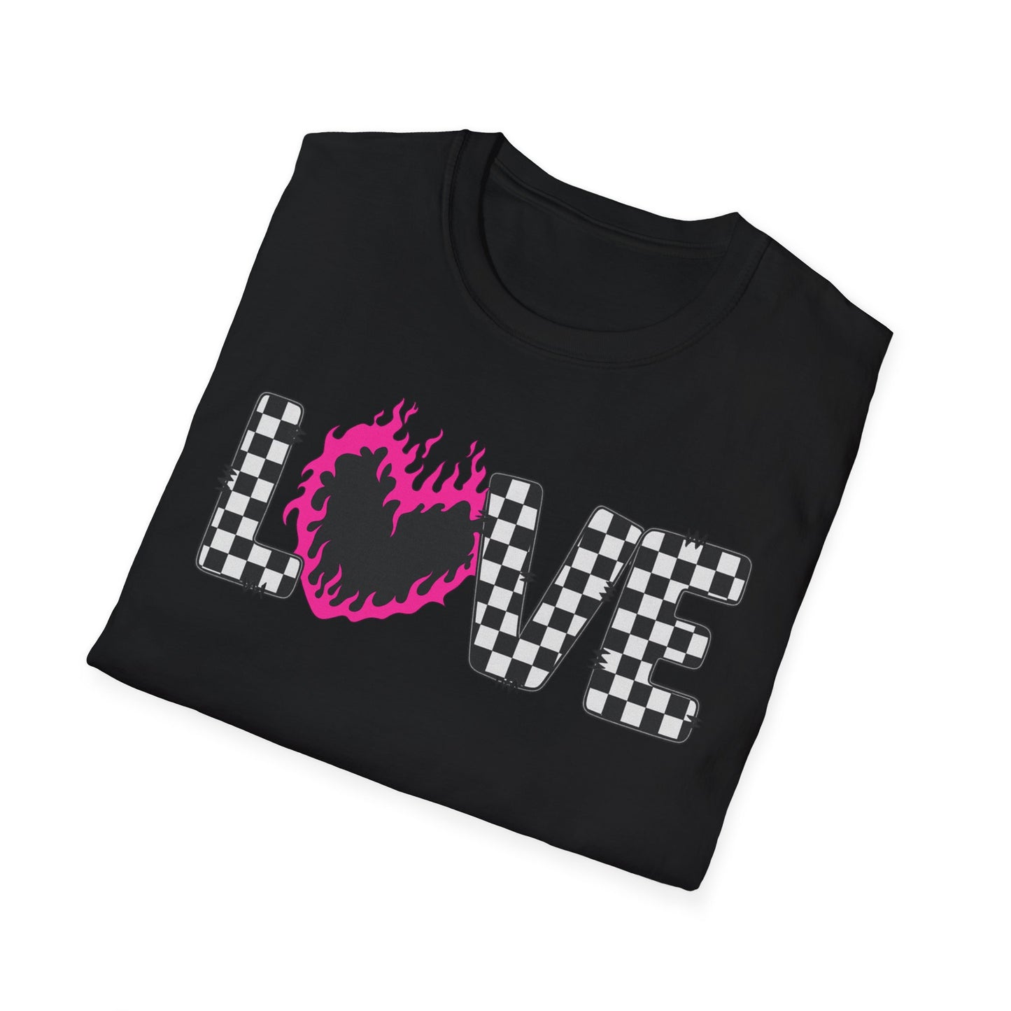 Love Checkerboard T-Shirt — Pink Flame Heart Graphic Tee