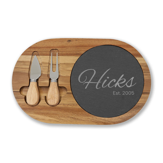 Engraved Acacia Charcuterie Board with Slate Inset — Personalized Name & Est. Date
