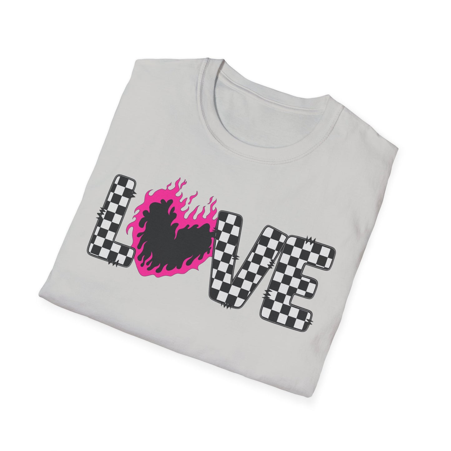 Love Checkerboard T-Shirt — Pink Flame Heart Graphic Tee