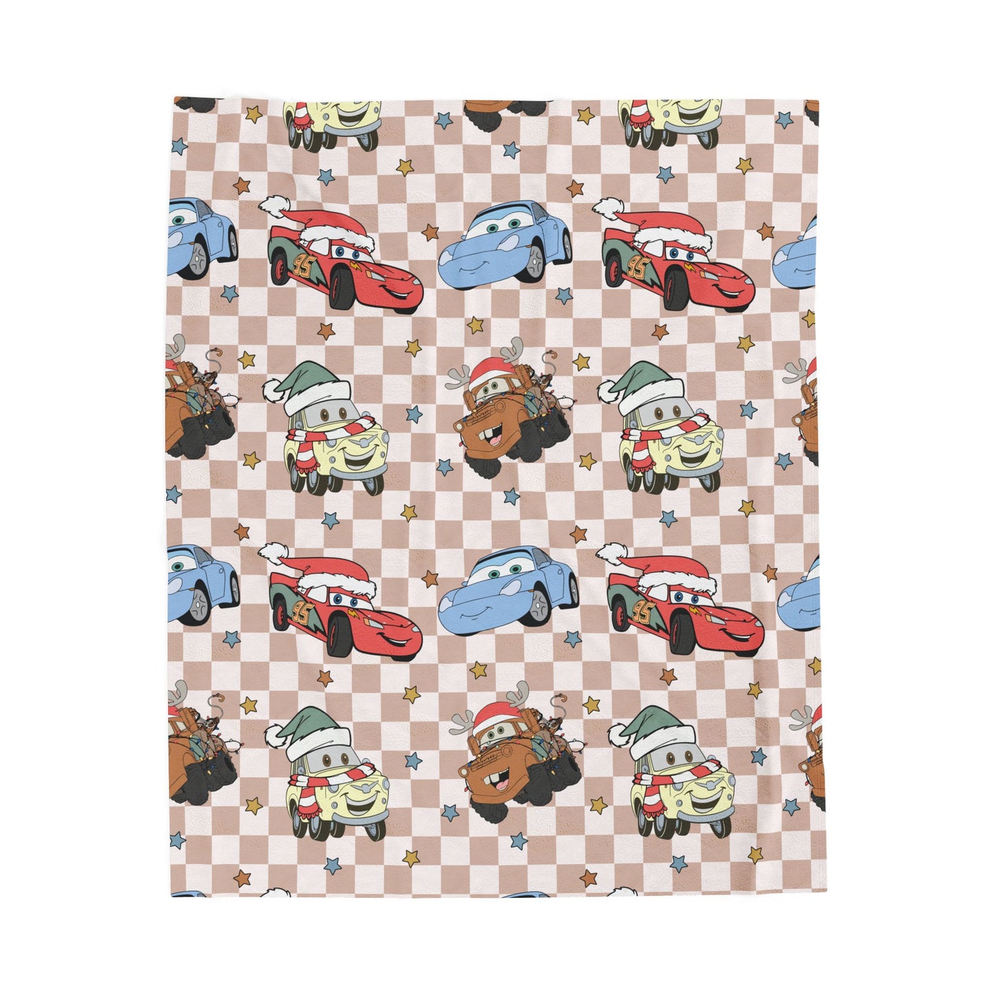 Kids Holiday Race Car Velveteen Plush Blanket — Cute Cartoon Cars on Checkerboard