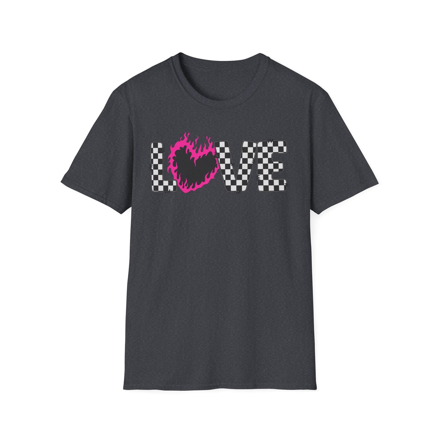 Love Checkerboard T-Shirt — Pink Flame Heart Graphic Tee