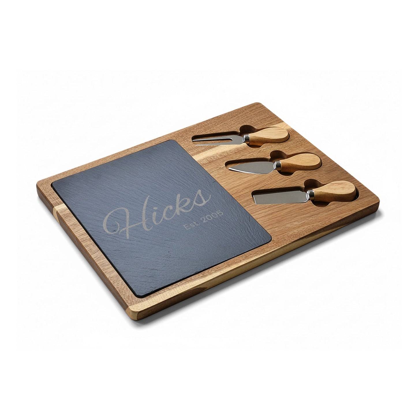 Engraved Acacia Charcuterie Board with Slate Inset — Personalized Name & Est. Date
