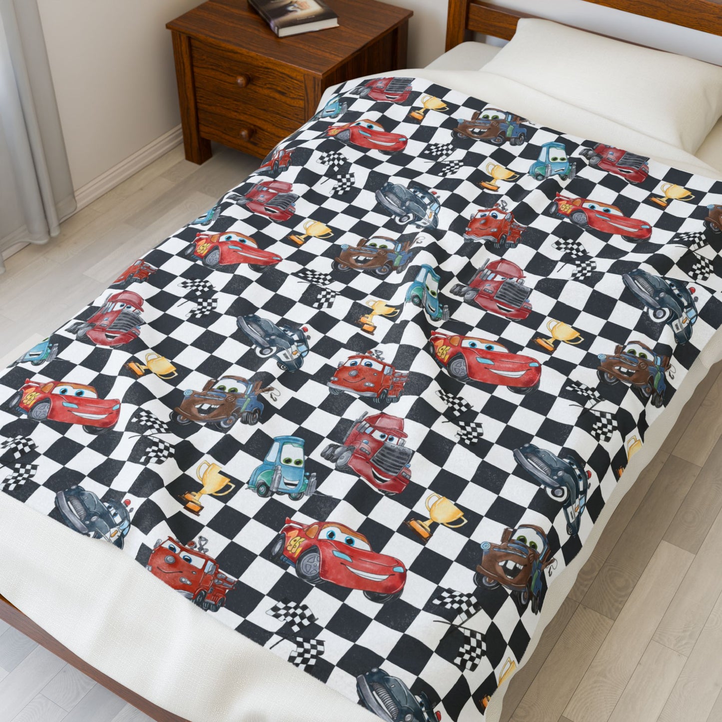 Velveteen Plush Blanket - Kids Racing Cars Checkered Throw (Lightning McQueen Style)