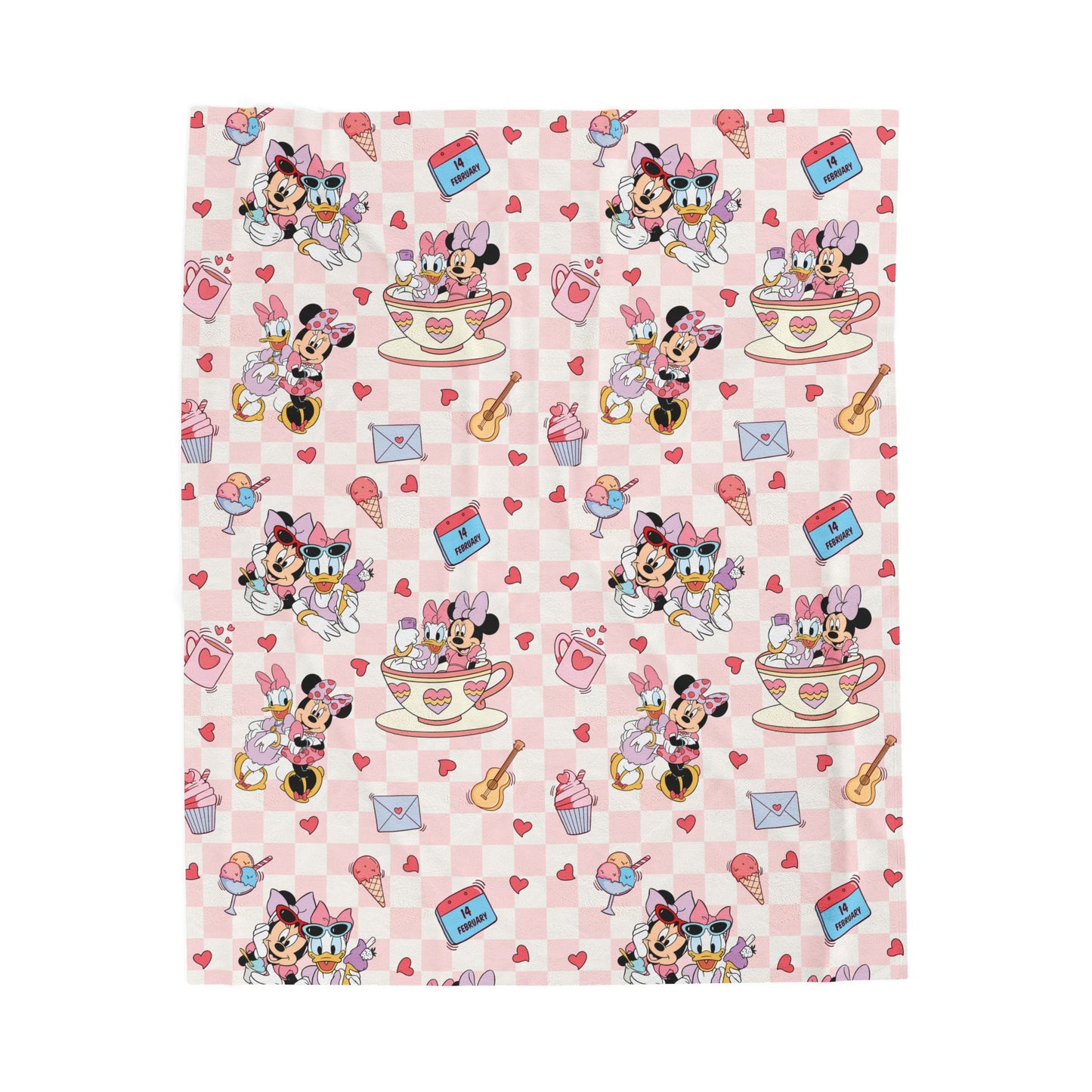 Plush Blanket - Cute Pink Heart Pattern with Kawaii Characters (Velveteen Plush Blanket)